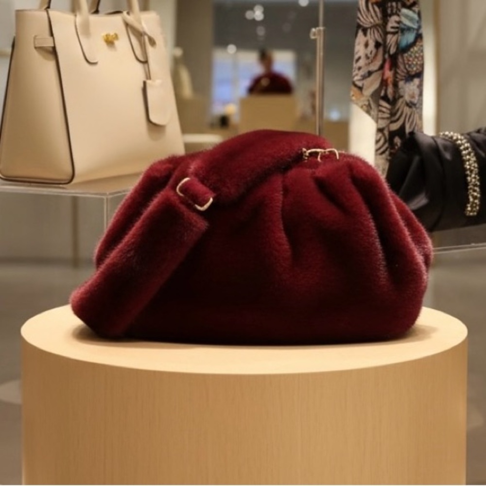 Wine Sheared Mink Plush Gathered Clutch with detachable strap